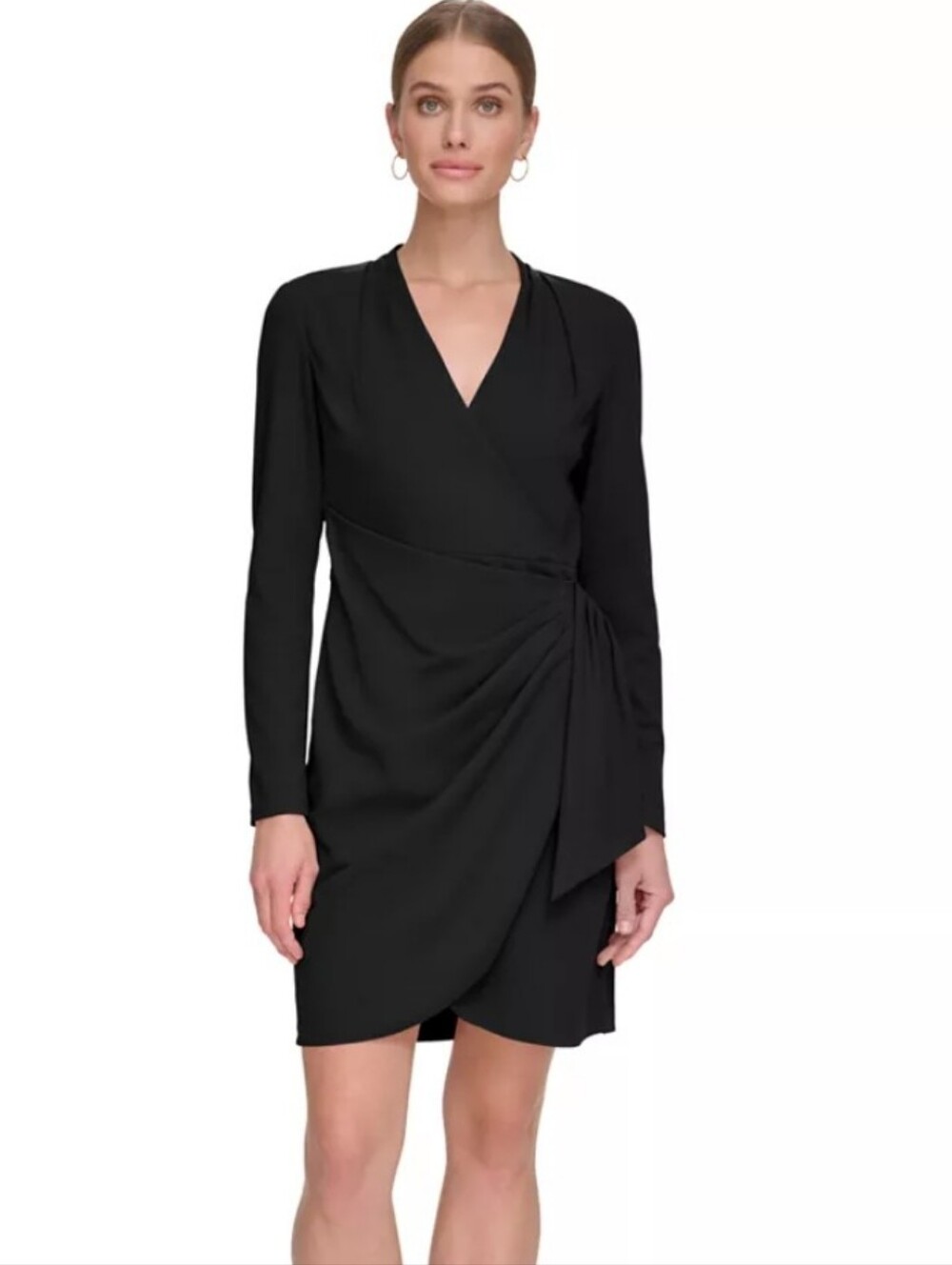 DKNY Black Long-Sleeve Faux-Wrap Dress